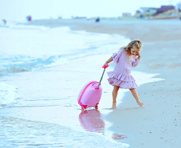 Rest Travel Beautiful Little Caucasian Girl Sea Blue Coast Dress — Stock Photo, Image