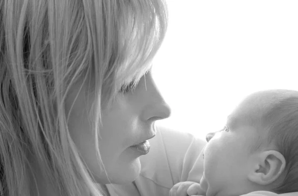 Loving Mom Holds Her Newborn Baby Her Arms Cute Tiny — Stock Photo, Image