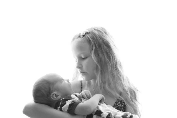 Loving Older Sister Blonde Sweetheart Touching Gentle Holds Her Newborn — Stock Photo, Image