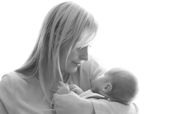 Loving Mom Holds Her Newborn Baby Her Arms Cute Tiny — Stock Photo, Image