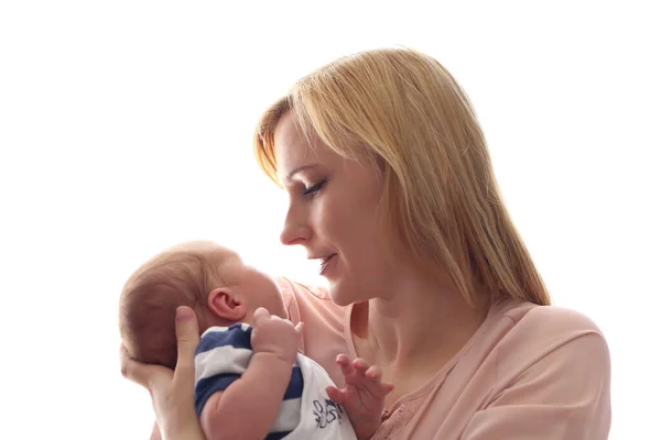 Loving Mom Holds Her Newborn Baby Her Arms Cute Tiny — Stock Photo, Image