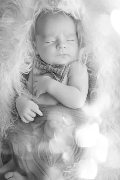 Newborn Sleeping Smart Bow Tie Tiny Baby Black White Portrait — Stock Photo, Image