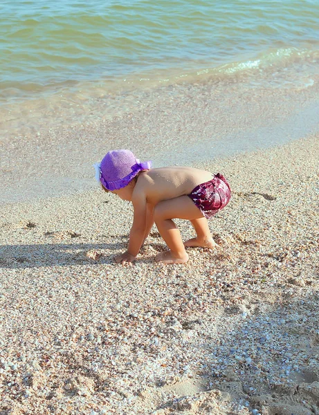 Klein Meisje Paarse Zwembroek Hoed Het Strand Verzamelt Zeestenen Het — Stockfoto