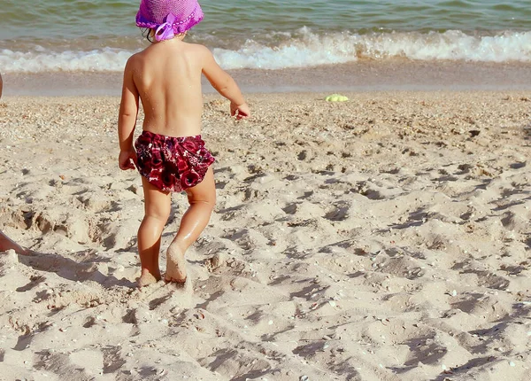 海滩上穿着紫色泳裤和帽子的小女孩手里拿着卵石和贝壳 休息和旅行 带小孩的度假概念 人与广告概念 — 图库照片