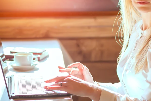 Una Joven Que Trabaja Con Portátil Freelancer Femenina Que Conecta — Foto de Stock