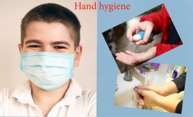 Corona virüsünün yayılmasını önlemek için koronavirüs koruma yöntemleri. Yüz maskesi takan çocuk. El yıkama ve antiseptik kullanım.