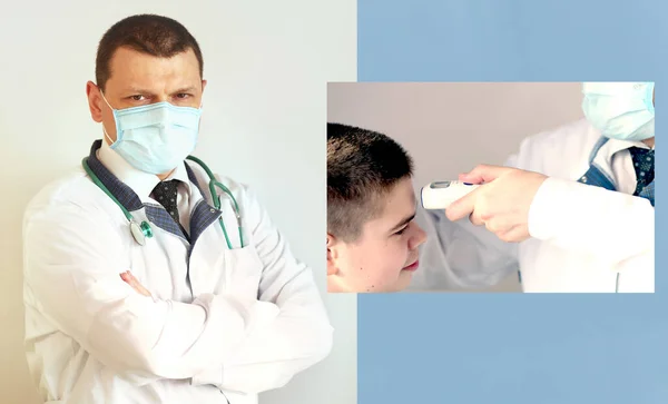 Covid Coronavirus Banner Πανοραμικό Μπλε Φόντο Νεαρός Γιατρός Προστατευτική Μάσκα — Φωτογραφία Αρχείου
