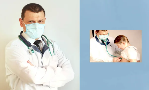 Covid Coronavirus横幅全景蓝色背景 戴防护面具的年轻医生检查病人 文字空间 保健概念 — 图库照片