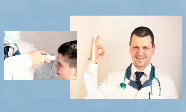 Banner Panorámico Fondo Azul Covid Con Sonriente Médico Caucásico Positivo — Foto de Stock