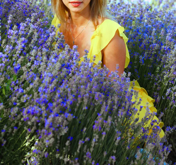 Hermosa Joven Brillante Vestido Amarillo Campo Lavanda Púrpura Sentado Provenza —  Fotos de Stock