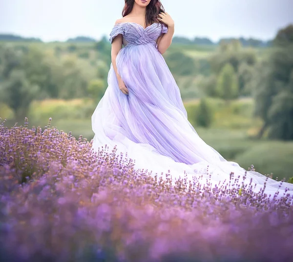 落日时分 一个穿着淡紫色郁金香裙在薰衣草地里散步的年轻貌美的姑娘 普罗旺斯 薰衣草 法国美丽的夏天概念 — 图库照片