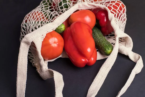 Eco Bag String Bag Vegetables Cucumbers Tomatoes Black Background Zero — Stock Photo, Image