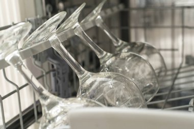 Şarap kadehleri bulaşık makinesinde ritmik olarak dizilmiştir..