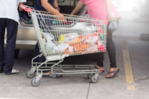 Blurred Goods Shopping Cart Trolling Back Buying Store — Stock Photo, Image