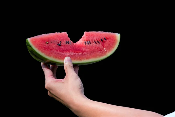 Wassermelonenscheiben Auf Der Hand Hintergrund — Stockfoto