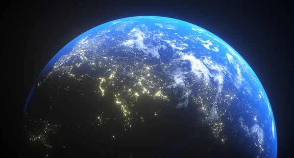 Rendering 3D del pianeta Terra realistico con bagliore e luce notturna — Foto Stock