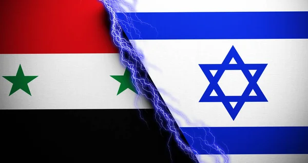 Drapeaux réalistes d'Israël et de la Syrie avec des éclairs de tempête — Photo