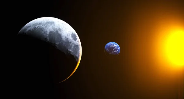 Rendering 3D della vista realistica dalla luna alla terra — Foto Stock