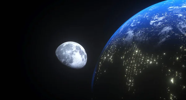 Rendering 3D della vista realistica dalla terra alla luna — Foto Stock