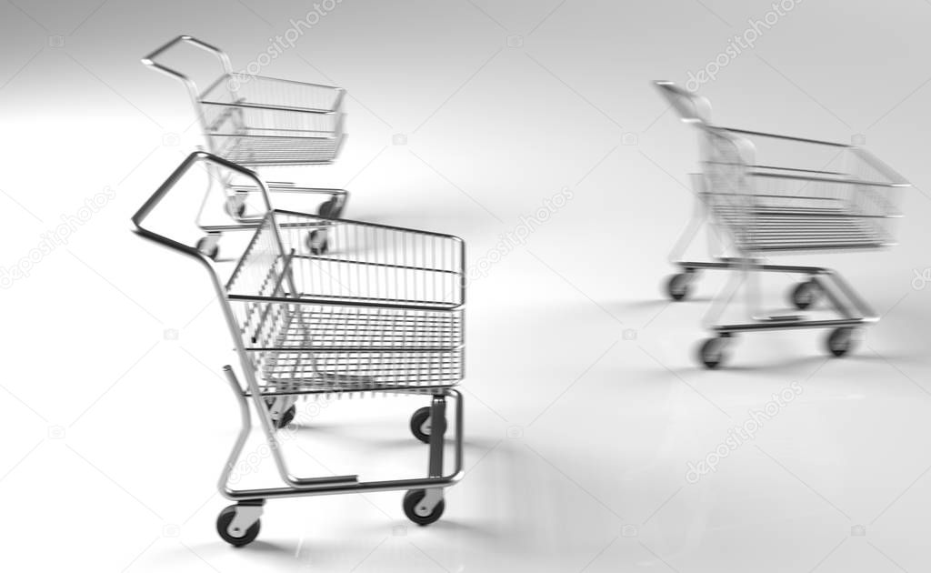 3D Rendering Of Realistic Supermarket Metal Shopping Carts 