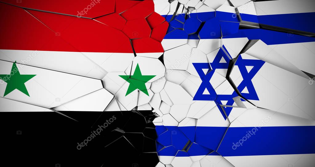 Realistic Flags Of Israel And Syria On Broken Concrete