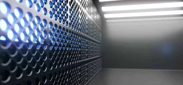 Realistische lege zwarte Corridor met raster Mesh muren en verlichting — Stockfoto