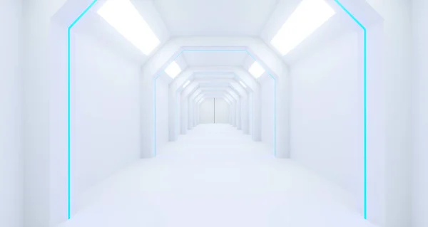 Απόδοσης 3D ρεαλιστική λευκό sci fi διαδρόμου με φώτα — Φωτογραφία Αρχείου