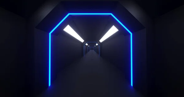 3d rendering of long sci-fi dark corridor with thin blue lights — Stock Photo, Image