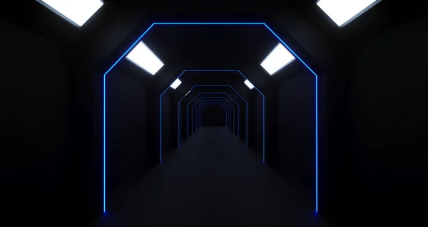 3d rendering of long sci-fi dark corridor with thin blue lights — Stock Photo, Image