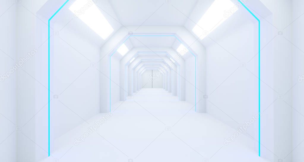 3d rendering of realistic white sci fi corridor with lights 