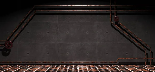Industrieraum aus Beton mit verrostetem Metallgitterboden und p — Stockfoto