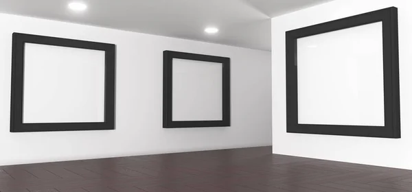 Комната реалистичной галереи с большими пустыми рамками для фотографий — стоковое фото
