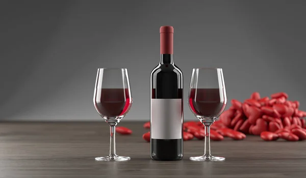 Garrafa de vinho tinto com um monte de corações vermelhos — Fotografia de Stock