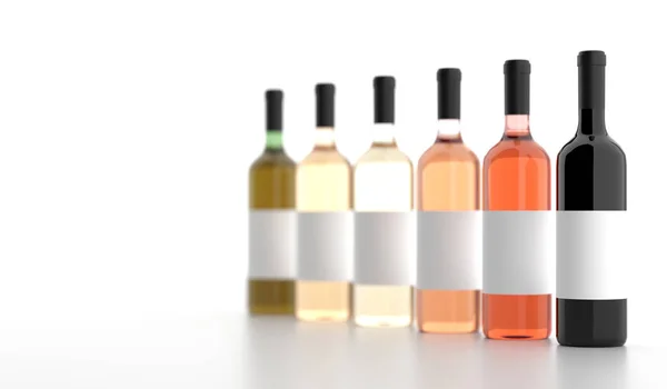 Garrafas de vinho diferentes com etiquetas brancas vazias — Fotografia de Stock