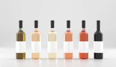 Boş beyaz etiketleri farklı şarap şişeleri