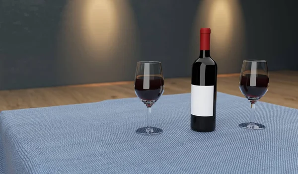 Mesa realista com pano e dois copos cheios de vinho — Fotografia de Stock