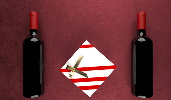 Two Red Wine Bottles With Gift Box In The Middle