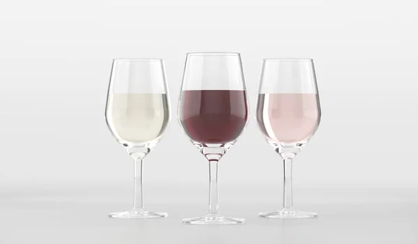 Óculos com diferentes tipos de vinho em fundo branco — Fotografia de Stock