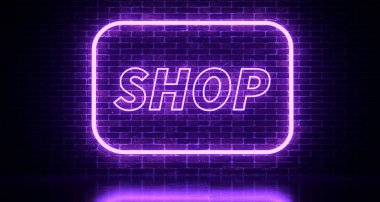 Neon Shop kayıt ile gerçekçi tuğla duvar. 3D render 