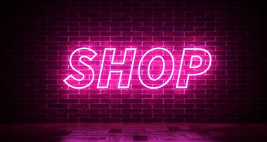 Neon Shop kayıt ile gerçekçi tuğla duvar. 3D render 