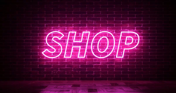 Realistic Brick Wall With Neon Shop Sign. 3d rendering — Stock Photo, Image