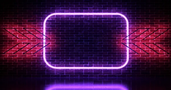 Realistic Brick Wall With Neon Light Rectangles And Arrows . 3d