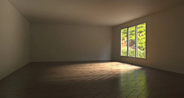 Sala vacía realista con árbol verde afuera. Renderizado 3D — Foto de Stock