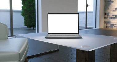 Büyük pencereler ve Laptop ile minimalist Oda beyaz ekran