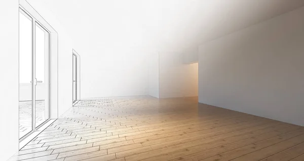 Reális üres szoba nagy ajtók a napsütésben — Stock Fotó