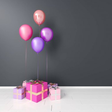 Hediye kutuları ve Baloons boş odada. 3D render