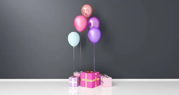 Gift Boxes And Baloons In Empty Room. 3D Rendering — Stock Photo, Image