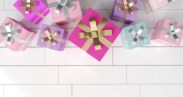 Подарункові коробки на білій підлозі. 3D рендерингу — стокове фото