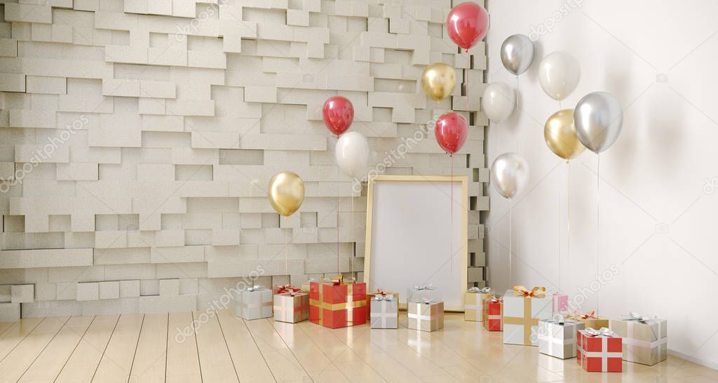 Empty Room With Balloons And Present With Empty White Board. 3D 