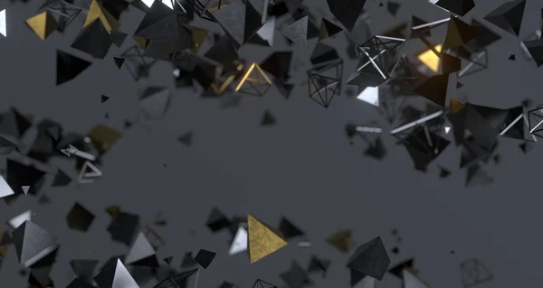 Flying Chaotic Metal Pyramids Sfondo 3D Rendering — Foto Stock